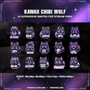 Op de afbeelding: Een paarse afbeelding met 16 chibi wolf emotes, elk met een andere uitdrukking en tekst. De bovenste tekst luidt "KAWAII CHIBI WOLF" en "42 EXPRESSIVE EMOTES FOR STREAM VIBES". De onderste tekst toont maten en website details.