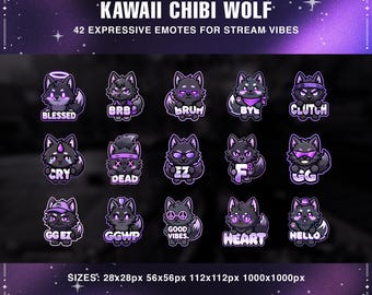 Kawaii Chibi Wolf Emotes Pack | 42 Wolf Emoji for Twitch, Discord & YouTube