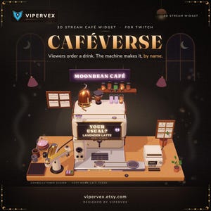 Op de afbeelding: Een 3D-streamwidget voor Twitch genaamd CAFÉVERSE, met een crèmekleurige espressomachine met een scherm waarop YOUR USUAL? LAVENDER LATTE staat. De opstelling bevat een MOONBEAN CAFÉ-bord, een koperen ketel en diverse drankaccessoires.