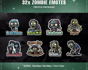 May include: A collection of 32 zombie-themed emotes for Twitch, featuring various cartoon zombie characters with phrases like "Brain Freeze" and "Forever Dead." The emotes are in various sizes, including 28x28px, 56x56px, and 112x112px.