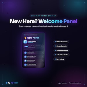 Może przedstawiać: Cyfrowy panel powitalny dla Twitcha z ciemnofioletowym i niebieskim gradientem w tle. Panel zawiera profil użytkownika, status transmisji i opcje interakcji. Tekst obejmuje New Here? Welcome Panel, OBS & Streamlabs, StreamElements, 3 Premium Themes, Auto Twitch Avatar oraz Zero Coding.