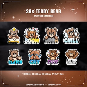 Puede incluir: Un conjunto de 36 emotes de Twitch con osos de peluche. Cada oso pardo tiene una expresión única y se combina con una palabra como "200IQ", "BOOM", "BRUH", "CHILL", "CLUTCH", "CRY", "DUB" y "EZ". La imagen incluye detalles de tamaño.