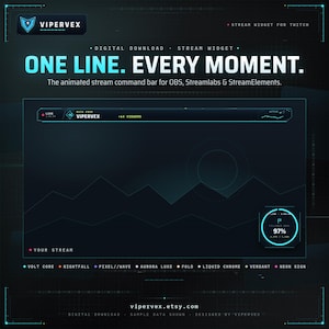 Może przedstawiać: Cyfrowy widżet do streamowania dla OBS, Streamlabs i StreamElements z ciemnym interfejsem i cyjanowymi akcentami. Wyświetlacz pokazuje tekst ONE LINE. EVERY MOMENT., pasek poleceń, okrąg celu na poziomie 97% oraz listę nazw różnych stylów.