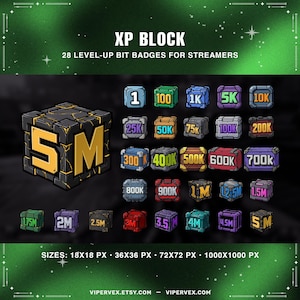 May include: A digital graphic featuring 28 level-up bit badges for streamers. The badges are designed as pixelated blocks with numbers and text indicating XP levels. The color palette includes blue, green, red, and gold. The image also includes the text "XP BLOCK".