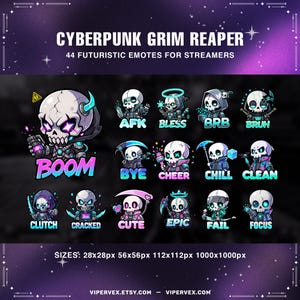 May include: A collection of 16 cyberpunk-themed Grim Reaper emotes for streamers. Each emote features a skull with various accessories and expressions, with text labels like "BOOM", "BYE", and "FAIL". The image includes size specifications and a website address.