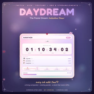 May include: A digital subathon timer interface with a pastel gradient background. The display features a countdown clock showing days, hours, minutes, and seconds, a list of recent activity, a progress bar for sub goals, and the text DAYDREAM.