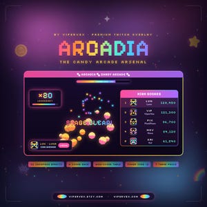 Może przedstawiać: Cyfrowa nakładka na Twitcha zatytułowana ARCADIA THE CANDY ARCADE ARSENAL od ViperVex. Interfejs posiada ciemnofioletowe tło z tabelą wyników, grafiką stage clear oraz różnymi pikselowymi elementami interfejsu w kolorach neonowego różu, błękitu i żółci.