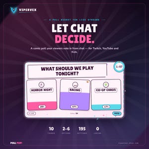 Könnte beinhalten: Ein digitales Umfrage-Widget für Live-Streams mit dem Titel LET CHAT DECIDE. Die Oberfläche zeigt die Frage WHAT SHOULD WE PLAY TONIGHT? mit drei Abstimmungsoptionen: HORROR NIGHT mit 26%, RACING mit 57% und CO-OP CHAOS mit 17%. Ein Timer zeigt 1:57.