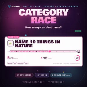 Op de afbeelding: Een digitale interface voor een spel genaamd Category Race, met de prompt Name 10 Things In Nature. Het scherm toont een voortgangsbalk, een timer op 29 seconden en een lijst met gevonden items waaronder grass, leaf, branch en root.