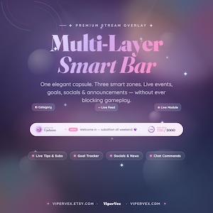 Può includere: Una sovrapposizione di streaming premium intitolata Multi-Layer Smart Bar con una capsula centrale per eventi dal vivo, obiettivi e social. L'interfaccia include etichette per Category, Live Feed, Live Module, Live Tips & Subs, Goal Tracker, Socials & News e Chat Commands, con una barra di avanzamento che mostra 730/1000.