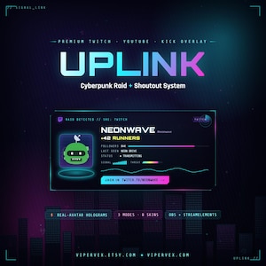 Könnte beinhalten: Eine digitale Overlay-Grafik mit dem Titel UPLINK, die ein Cyberpunk-Raid- und Shoutout-System zeigt. Die Benutzeroberfläche enthält einen grünen Roboter-Avatar, den Benutzer NEONWAVE, 42 Runner und Statusleisten. Text: PREMIUM TWITCH YOUTUBE KICK OVERLAY und JACK IN TWITCH.TV/NEONWAVE.