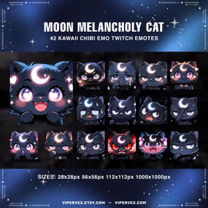 以下が含まれることがあります： 黒猫と三日月デザインが特徴の、42個のKawaii Chibi Emo Twitch絵文字のコレクション。絵文字は、泣いている顔、笑顔、怒った顔など、さまざまな表情を表示します。画像には「MOON MELANCHOLY CAT」というテキストとサイズ仕様が含まれています。