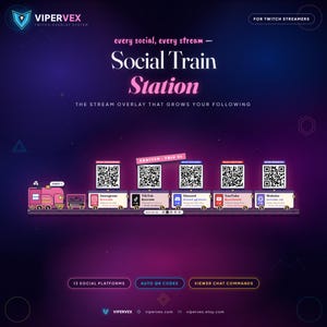 May include: A digital graphic for Twitch streamers titled Social Train Station, featuring a pink train pulling five carriages with QR codes for Instagram, TikTok, Discord, YouTube, and a website. The background is a dark purple gradient.