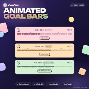 May include: An animated graphic with the text "ANIMATED GOAL BARS" and the ViperVex logo. The graphic displays three goal bars for subs, donations, and bits, with progress indicators and numerical values. Additional text includes "CUSTOMIZABLE", "4 THEMES", "MILESTONES", and "PARTICLES".