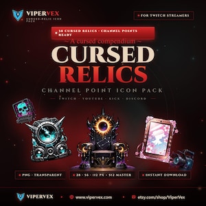 May include: A promotional image for a digital icon pack. The design features the text "CURSED RELICS" and "CHANNEL POINT ICON PACK" with various icon examples. The color scheme is dark red and black, with accents of gold and purple. The pack is for Twitch streamers.