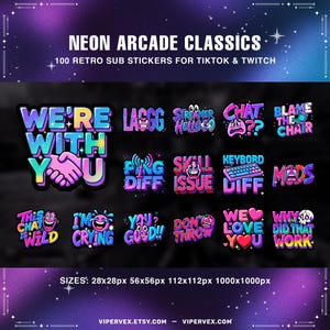 Puede incluir: Un conjunto de pegatinas retro de neón para suscripciones de TikTok y Twitch, con frases como "We're with you", "Laggg" y "Streamer Hello". Las pegatinas son de varios tamaños, con un fondo estrellado de color púrpura oscuro y azul.