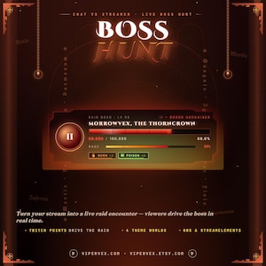 May include: A digital graphic with a dark brown background featuring the text "BOSS HUNT" in a stylized font. The graphic includes game interface elements, such as health bars and status effects, with the text "MORROWVEX, THE THORNCROWN". The graphic also includes the text "Turn your stream into a live raid encounter".
