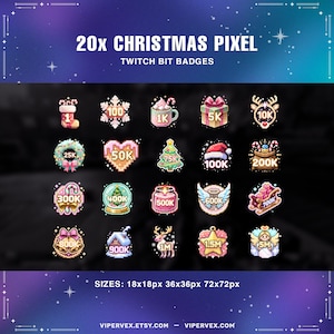 Könnte beinhalten: Eine Sammlung von 20 weihnachtlichen Pixel-Art-Twitch-Bit-Badges. Die Badges zeigen festliche Designs wie einen Strumpf, Schneeflocken, ein Geschenk, ein Rentier und einen Weihnachtsmannhut. Das Bild enthält den Text "20x CHRISTMAS PIXEL" und "TWITCH BIT BADGES".