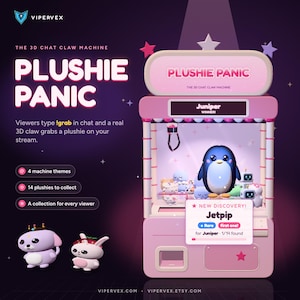 May include: A pink digital claw machine titled Plushie Panic with a dark blue penguin plushie inside. The screen displays the text Juniper Winner and a New Discovery notification for Jetpip. The interface includes text about chat commands and collection stats.