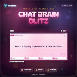 Peut inclure: Une interface de jeu-questionnaire numérique intitulée CHAT BRAIN BLITZ avec une boîte rose posant la question, What is a very dry region with little rainfall called? Les options sont A DESERT, B DELTA, C FIORD et D TUNDRA, avec des réglages.