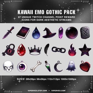 Gothic kawaii twitch icons collection including 97 channel points graphics optimized for 28x28 56x56 112x112 and 512x512 sizes.