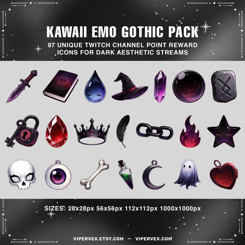 Gothic kawaii twitch icons collection including 97 channel points graphics optimized for 28x28 56x56 112x112 and 512x512 sizes.