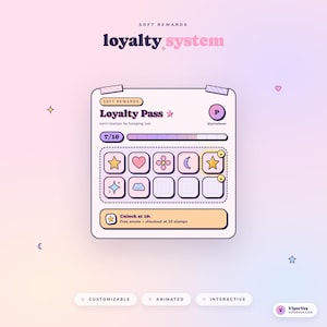 May include: A digital graphic promoting a "loyalty system" with a pastel color scheme. The design features a "Loyalty Pass" with stamp icons, a progress bar, and the text "Unlock at 10: Free emote + shoutout at 10 stamps."