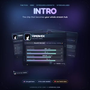 May include: A digital streaming overlay interface titled INTRO, featuring a dark purple gradient background. The display shows user profile VIPERVEX, current goals for followers, subscribers, donations, and community, with live data bars and text.