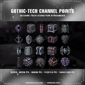 May include: A set of 39 dark tech icons for streamers, designed with a gothic aesthetic. The icons feature a range of shapes and colours, such as purple, silver, red, and blue. The image includes the text "GOTHIC-TECH CHANNEL POINTS" and "39 DARK TECH ICONS FOR STREAMERS."