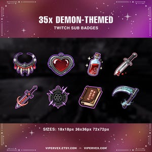 May include: A collection of 35 demon-themed Twitch sub badges. The badges include a variety of designs such as a fang-like necklace, a heart-shaped pendant, a potion bottle, a dagger, a sword, a compass, a book, and a scythe. The image also includes the text "SIZES: 18x18px 36x36px 72x72px".