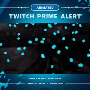 Peut inclure: Graphique animé d'alerte Twitch Prime avec un fond sombre et des icônes de couronne bleues éparpillées. Le texte "TWITCH PRIME ALERT" est affiché en bleu clair. Le mot "ANIMATED" est dans un ovale blanc.