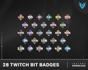 May include: A set of 28 Twitch bit badges, featuring various amounts of bits from 1 to 5 million. The badges are designed in a diamond shape with a metallic finish and colorful accents.