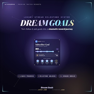 以下が含まれることがあります： 「DREAM GOALS」のテキストが大きくスタイリッシュに表示されたデジタルグラフィック。高級ストリームマイルストーンシステムを宣伝しており、サブスクライバー目標の表示と報酬ロードマップが特徴です。背景は紫と青のグラデーションです。