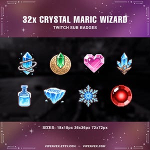 May include: A collection of eight pixelated Twitch sub badges with a fantasy theme. The badges include crystals, gems, a heart, a potion bottle, and a snowflake. Text at the top reads "32x CRYSTAL MARIC WIZARD". The sizes are 18x18px, 36x36px, and 72x72px.