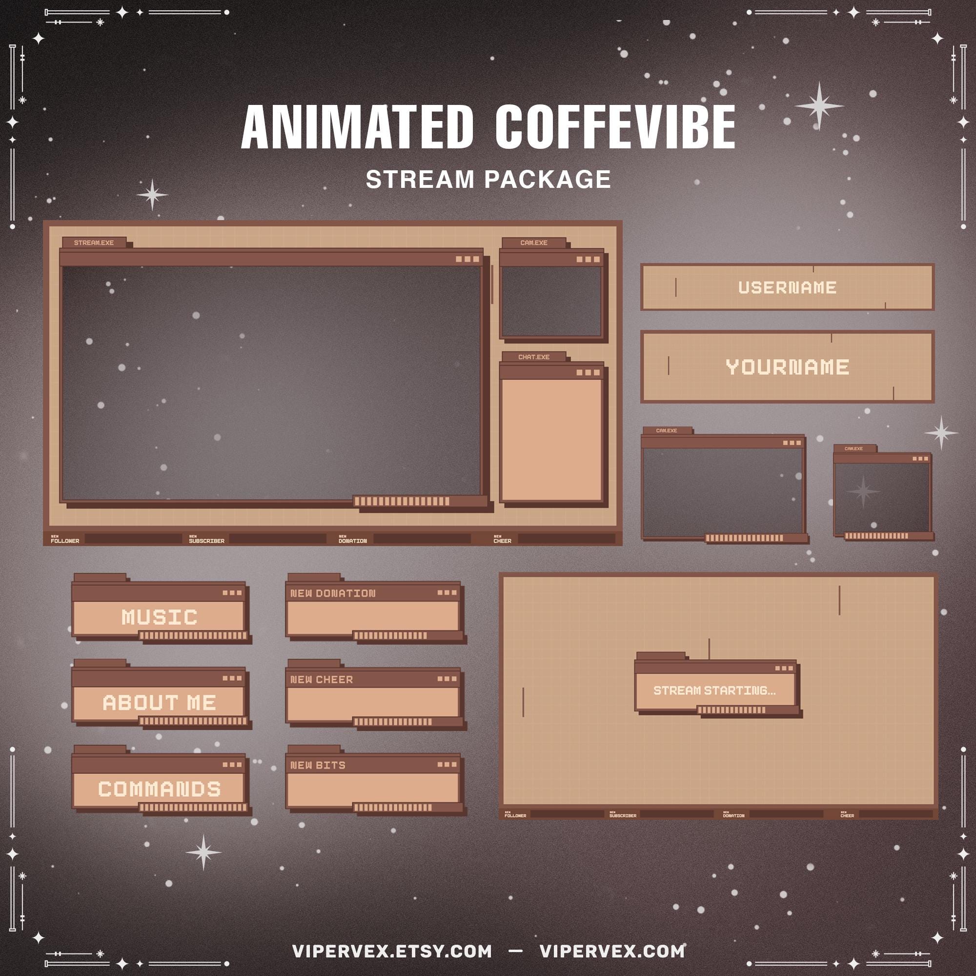 Animiertes Twitch Overlay Paket Kaffee, Café Twitch Overlay, Twitch Overlay Gemütlich, Lo-fi Kaffeestreamer Paket