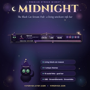 Könnte beinhalten: Ein digitales Stream-Widget mit dem Titel MIDNIGHT, das ein schwarzes Katzenmaskottchen mit einem violetten Hut zeigt. Die Benutzeroberfläche enthält eine Live-Statusleiste, Uptime, Zuschauerzahlen, Follower-Anzahl, Social-Media-Symbole und eine Ziellinie.