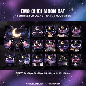 以下が含まれることがあります： 三日月デザインの黒猫絵文字16個のデジタルアートグラフィック。「EMO CHIBI MOON CAT」と「42 EMOTES FOR COZY STREAMS & MOON VIBES」のテキスト。サイズは28x28px、56x56px、112x112px、1000x1000pxです。