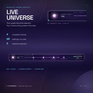 May include: An animated stream overlay titled Live Universe featuring a dark purple space theme. It includes a community star display, a progress bar with milestone planets, and text indicating 4 complete themes, 60 settings, and 5 milestone planets for OBS Studio, Streamelements, and Streamlabs.