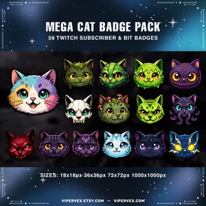 May include: A collection of 15 cartoon cat badges with various designs and colors, including a rainbow-colored cat, a skull cat, and several cats with different expressions. The text "MEGA CAT BADGE PACK" is at the top.