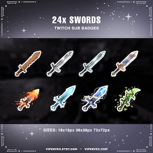 Pode incluir: Imagem com 24 designs de espadas para emblemas de subscrição Twitch. As espadas variam em estilo, incluindo designs de madeira, metálicos e elementais com efeitos de fogo, gelo e raios. O texto indica os tamanhos disponíveis: 18x18px, 36x36px e 72x72px.