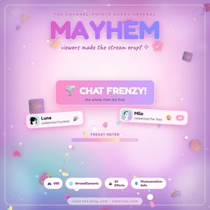 May include: A digital interface graphic titled THE CHANNEL-POINTS CHAOS ARSENAL MAYHEM with the text viewers make the stream erupt. It features a CHAT FRENZY button, user activity logs for Luna and Milo, a FRENZY METER, and icons for OBS, StreamElements, 34 Effects, and Photosensitive-Safe.
