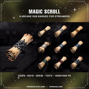 May include: Digital art of nine arcane sub badges for streamers, each designed as a magic scroll. The scrolls vary in color, with accents of silver, blue, green, and red. The text "MAGIC SCROLL" and "9 ARCANE SUB BADGES FOR STREAMERS" are displayed.