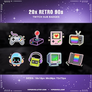 Puede incluir: Un conjunto de 20 insignias de suscripción de Twitch retro de los años 90. Las insignias incluyen un mando de juegos, un joystick, una consola portátil, un televisor, un robot, auriculares, un monitor de ordenador y un cartucho de juego. El texto dice "20x RETRO 90s TWITCH SUB BADGES".