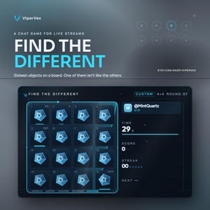 Könnte beinhalten: Eine digitale Benutzeroberfläche für ein Chat-Spiel namens Find The Different von ViperVex. Der Bildschirm zeigt ein 4x4-Raster aus sechzehn blauen geometrischen Symbolen, ein Benutzerprofil für @MintQuartz, einen Timer auf 29 Sekunden, einen Punktestand von 0 und eine Serie von 00.