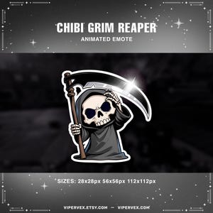 Puede incluir: Ilustración de un chibi Grim Reaper, un emote animado. El personaje de dibujos animados lleva una túnica con capucha negra y sostiene una guadaña. La figura con rostro de calavera tiene una mano esquelética levantada. Incluye el texto "CHIBI GRIM REAPER ANIMATED EMOTE".