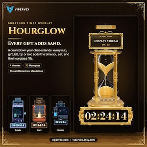 May include: A digital subathon timer overlay titled Hourglow, featuring a 3D gold hourglass graphic, a countdown clock displaying 02:24:14, and a goal tracker for Cosplay Stream. Includes text: Every gift adds sand, 4 themes, and StreamElements.