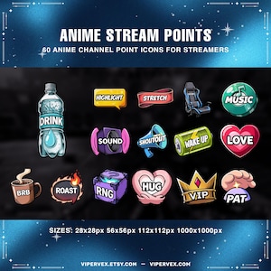 Puede incluir: Gráfico digital con 60 iconos de puntos de canal de anime para streamers. Los iconos incluyen una botella de agua con la etiqueta "DRINK", una taza de café con la etiqueta "BRB" y un corazón con la etiqueta "LOVE". También se incluye el texto "ANIME STREAM POINTS".