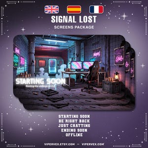 May include: A digital art screens package with a cyberpunk theme. The image shows a gaming setup in an underground setting with neon signs and a train. Text includes "SIGNAL LOST", "SCREENS PACKAGE", and streaming status options.
