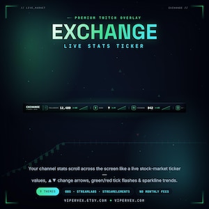 Animated live stats ticker widget for Twitch in a stock-market terminal style, scrolling follower count, subs and viewers with green up and red down arrows and CRT glow, a stream stats overlay for StreamElements and OBS.