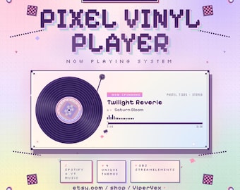 May include: A digital pixel art widget titled Pixel Vinyl Player Now Playing System. The interface features a dark purple vinyl record, track information for Twilight Reverie by Saturn Bloom, a progress bar, and additional boxes for Spotify, YouTube Music, and OBS StreamElements integration. The background is a soft pastel gradient with pixelated decorative elements.